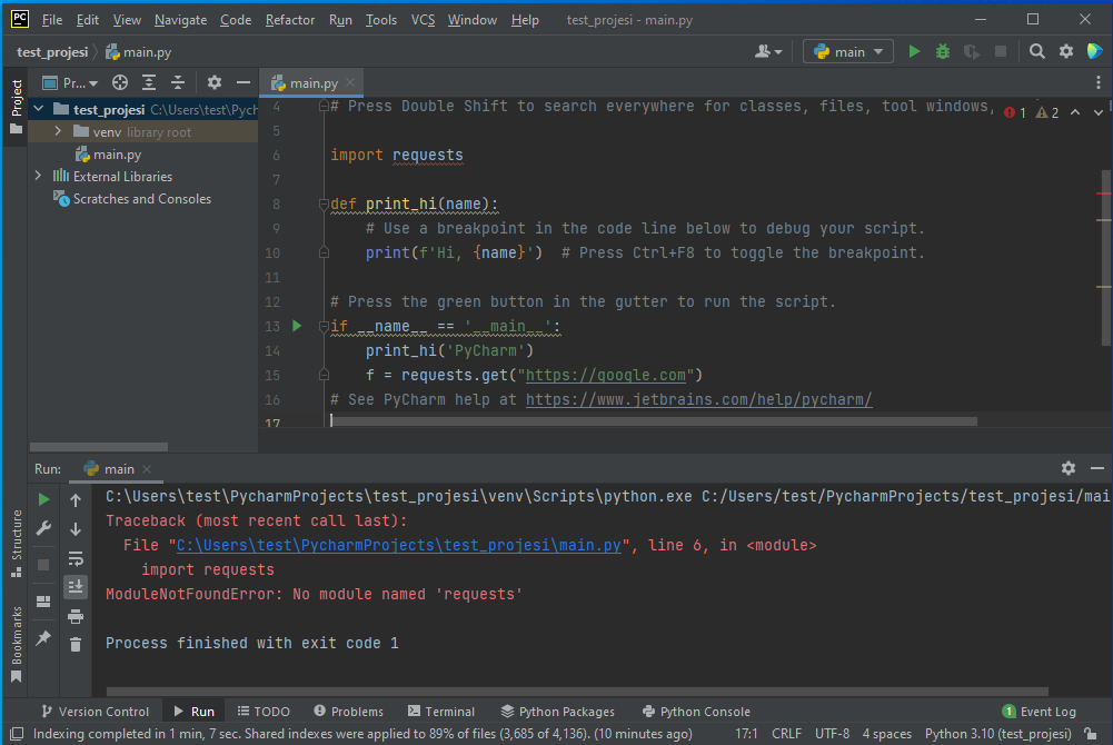 pycharm first project missing import