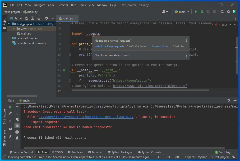 pycharm project install missing import via popup