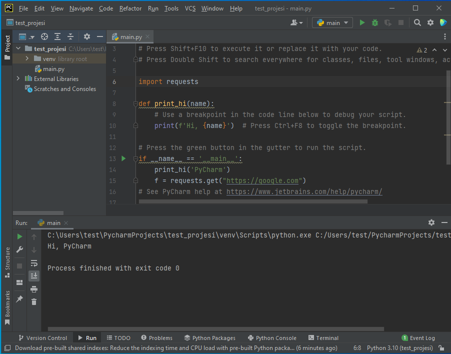 pycharm project python interpreter run with requests