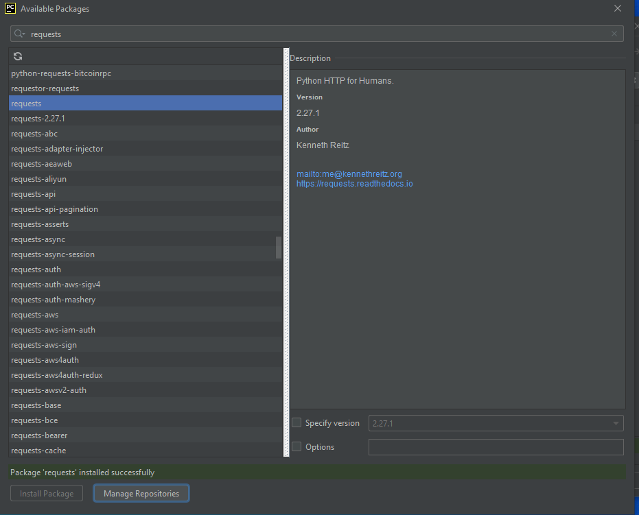 pycharm project python interpreter requests installed